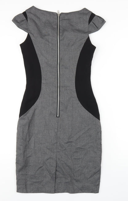 Warehouse Womens Grey Polyester Pencil Dress Size 8 Round Neck Zip