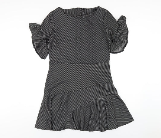 Mango Womens Black Striped Polyester A-Line Size L Round Neck Pullover