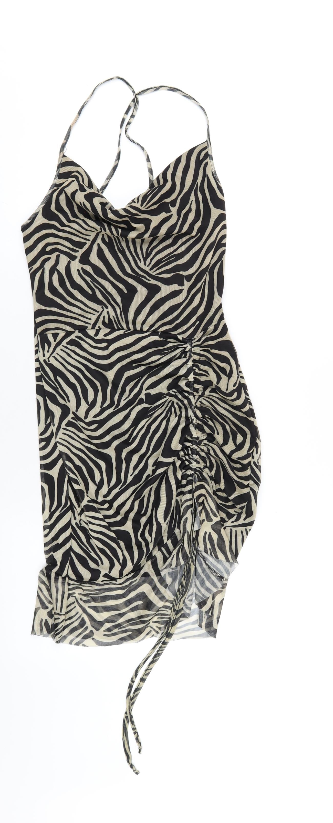 PRETTYLITTLETHING Womens Beige Animal Print Polyester Mini Size 12 Collared Pullover