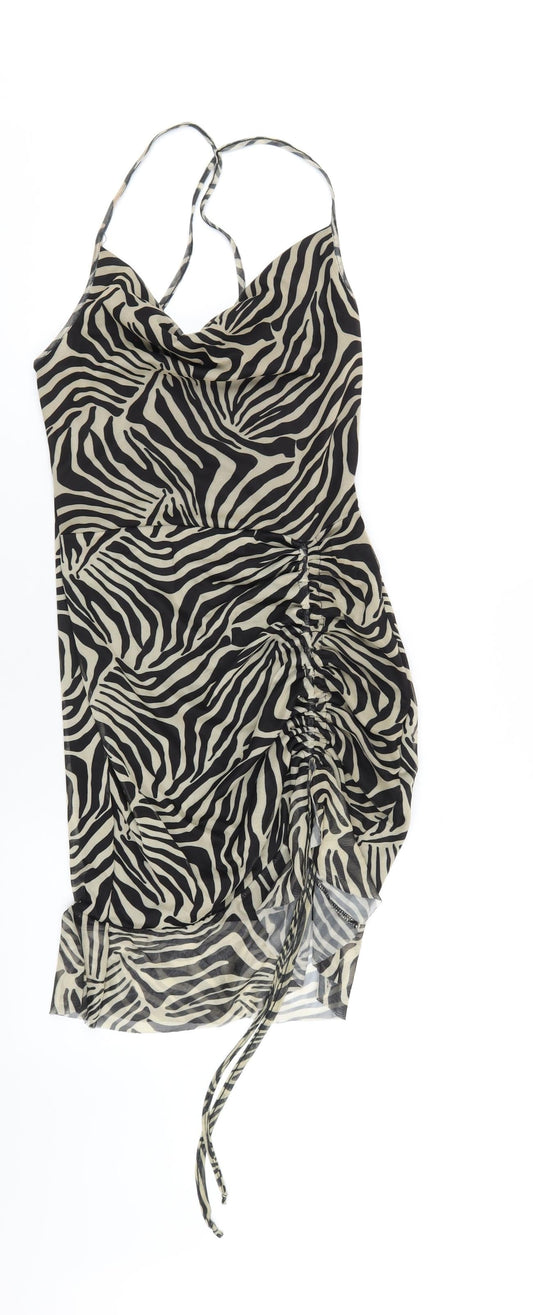 PRETTYLITTLETHING Womens Beige Animal Print Polyester Mini Size 12 Collared Pullover