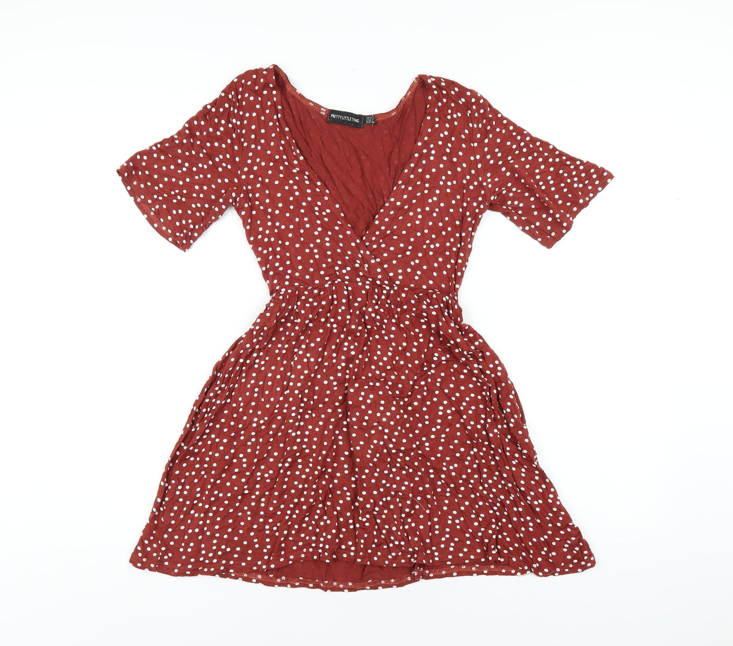 PRETTYLITTLETHING Womens Brown Polka Dot Viscose Mini Size 8 V-Neck Pullover