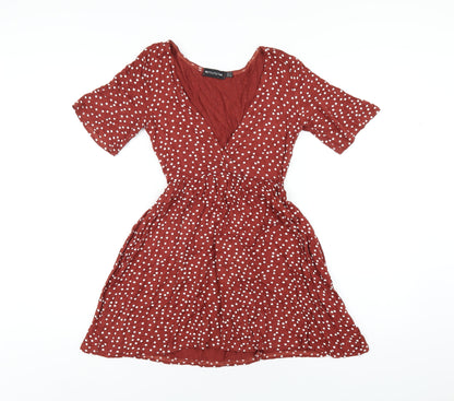 PRETTYLITTLETHING Womens Brown Polka Dot Viscose Mini Size 8 V-Neck Pullover