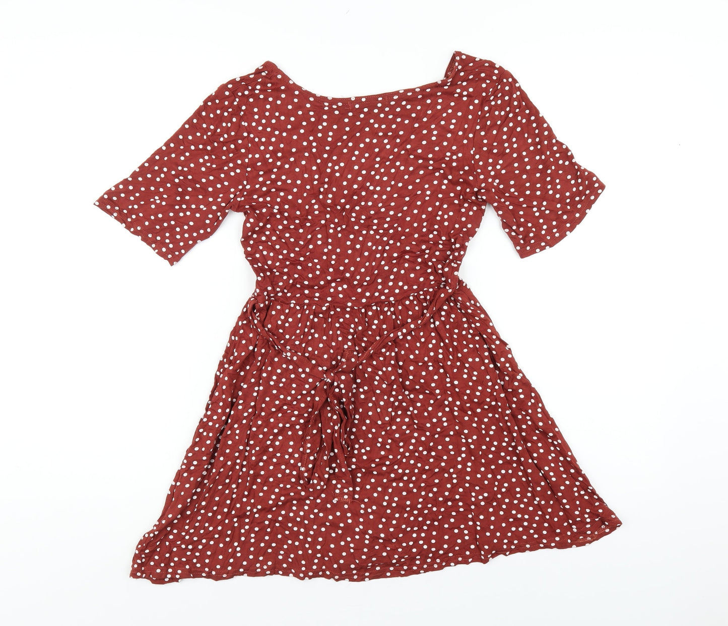 PRETTYLITTLETHING Womens Brown Polka Dot Viscose Mini Size 8 V-Neck Pullover