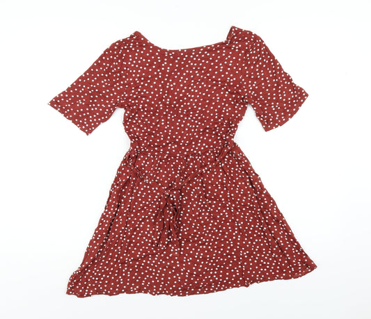 PRETTYLITTLETHING Womens Brown Polka Dot Viscose Mini Size 8 V-Neck Pullover