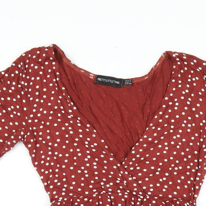 PRETTYLITTLETHING Womens Brown Polka Dot Viscose Mini Size 8 V-Neck Pullover