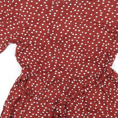 PRETTYLITTLETHING Womens Brown Polka Dot Viscose Mini Size 8 V-Neck Pullover