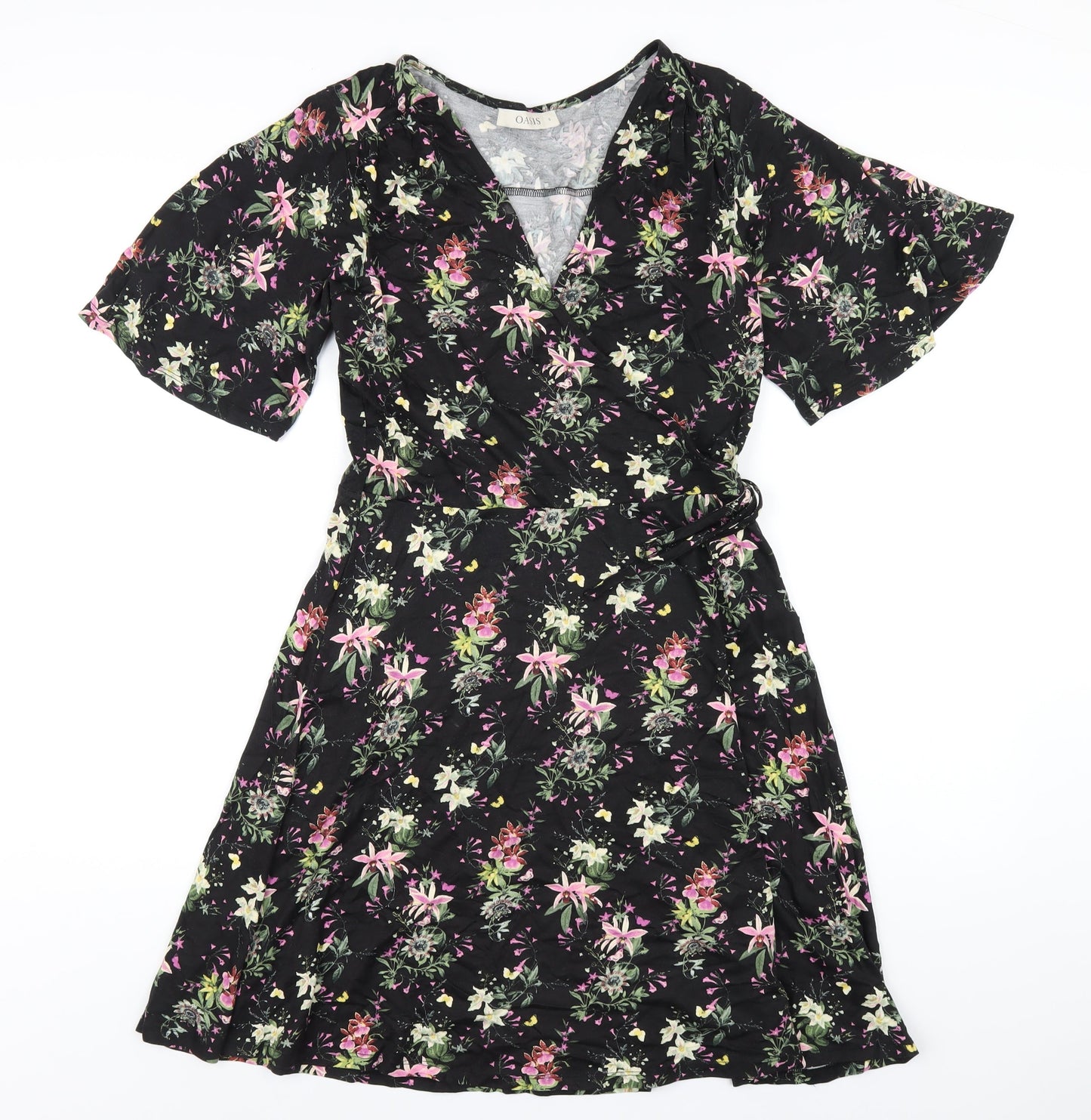 Oasis Womens Black Floral Viscose A-Line Size S V-Neck Pullover