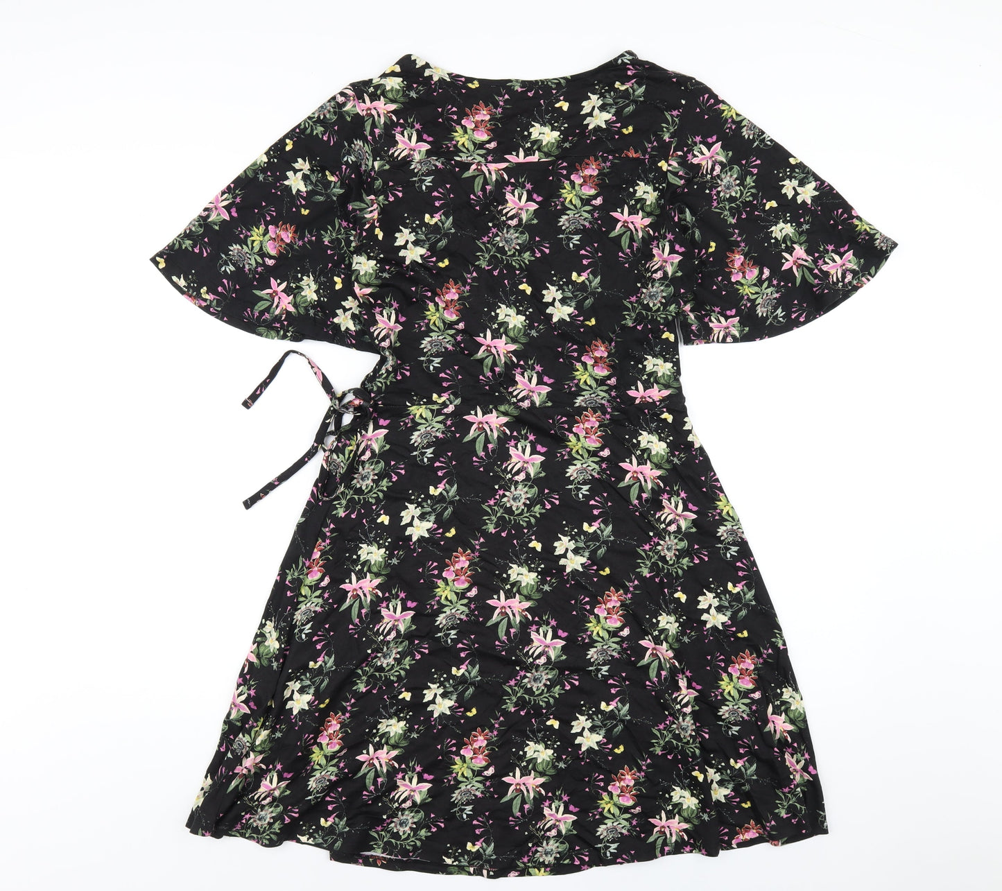 Oasis Womens Black Floral Viscose A-Line Size S V-Neck Pullover