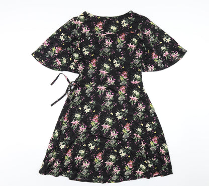 Oasis Womens Black Floral Viscose A-Line Size S V-Neck Pullover