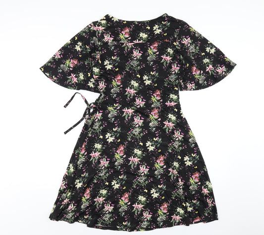 Oasis Womens Black Floral Viscose A-Line Size S V-Neck Pullover