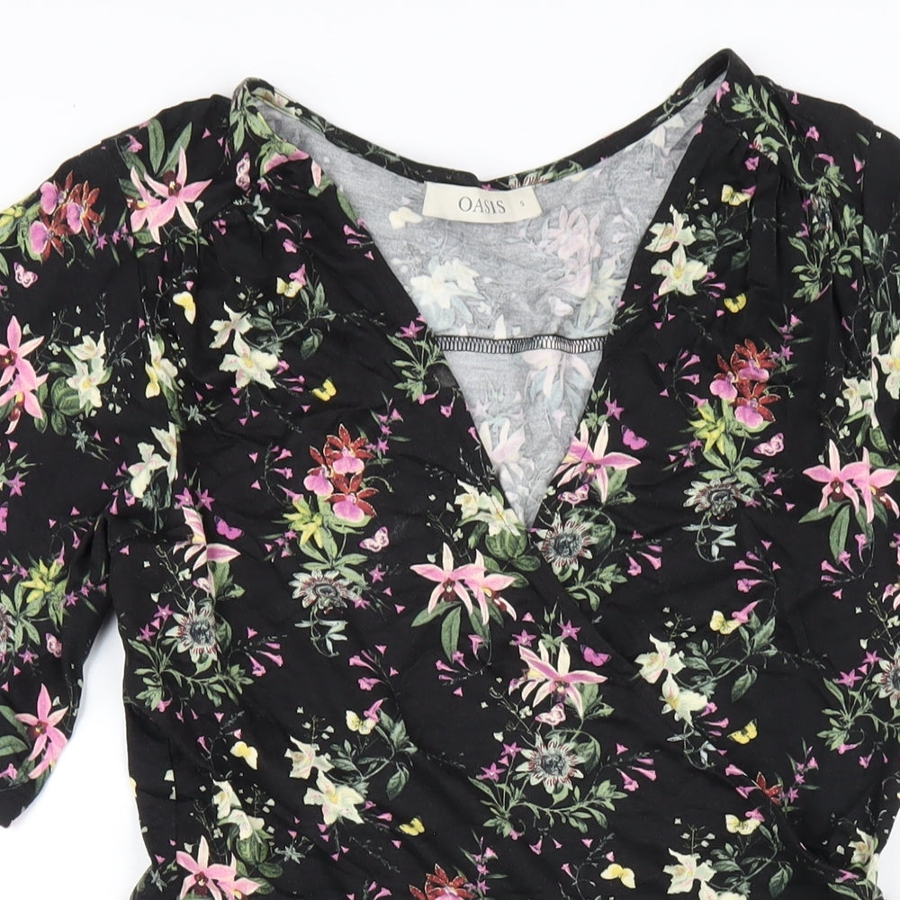 Oasis Womens Black Floral Viscose A-Line Size S V-Neck Pullover