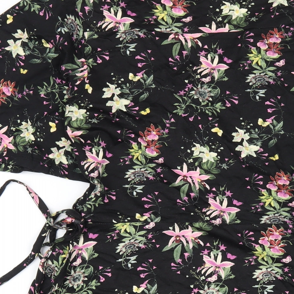 Oasis Womens Black Floral Viscose A-Line Size S V-Neck Pullover