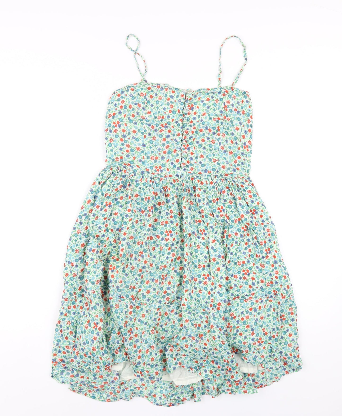 Topshop Womens Green Floral Cotton A-Line Size 10 Square Neck Button