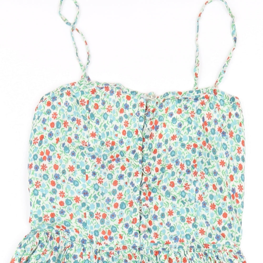 Topshop Womens Green Floral Cotton A-Line Size 10 Square Neck Button