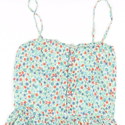 Topshop Womens Green Floral Cotton A-Line Size 10 Square Neck Button