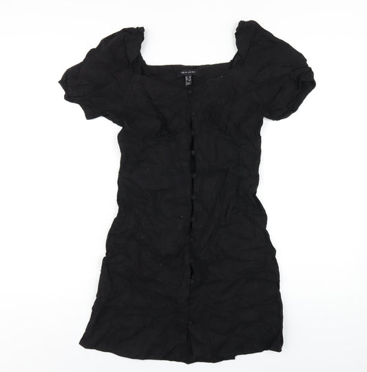 New Look Womens Black Linen A-Line Size 10 Square Neck Button