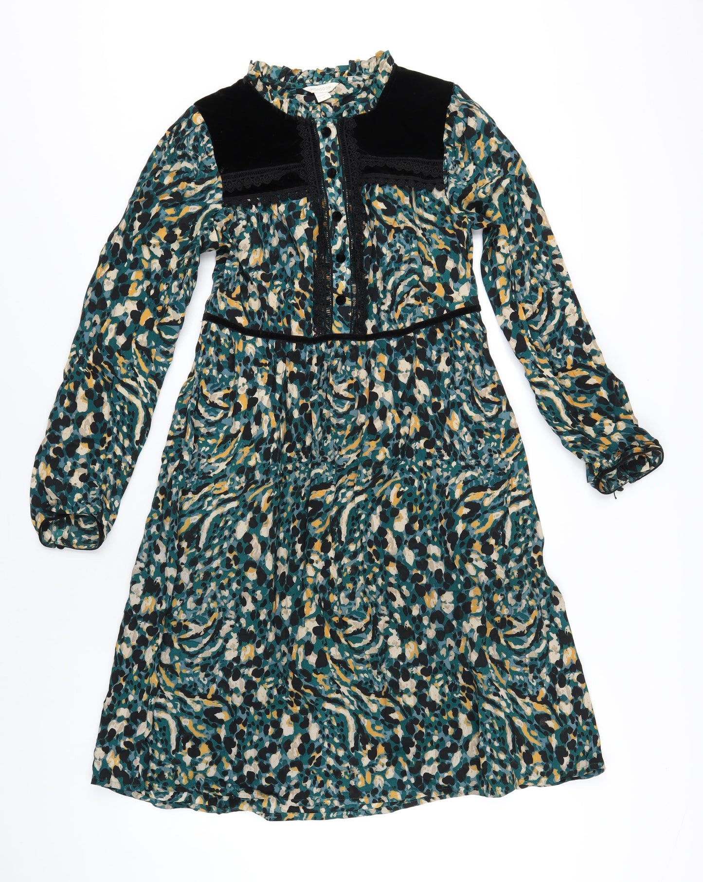 Monsoon Womens Green Geometric Viscose A-Line Size 10 Round Neck Button