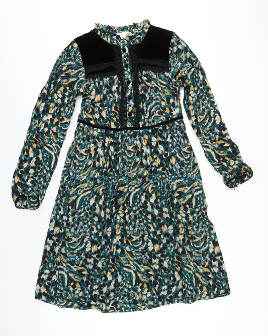 Monsoon Womens Green Geometric Viscose A-Line Size 10 Round Neck Button