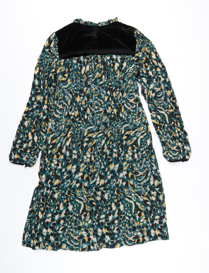 Monsoon Womens Green Geometric Viscose A-Line Size 10 Round Neck Button