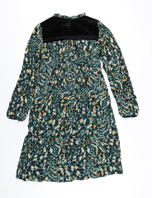 Monsoon Womens Green Geometric Viscose A-Line Size 10 Round Neck Button