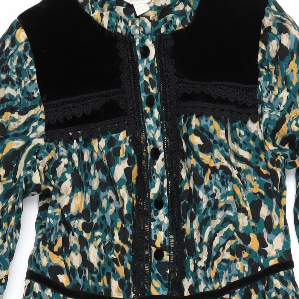 Monsoon Womens Green Geometric Viscose A-Line Size 10 Round Neck Button