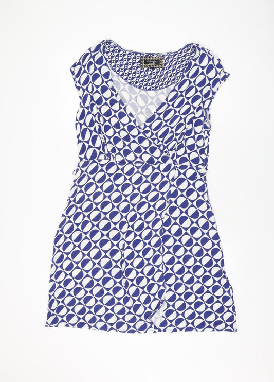 Principles Womens Blue Geometric Viscose Shift Size 14 V-Neck Pullover