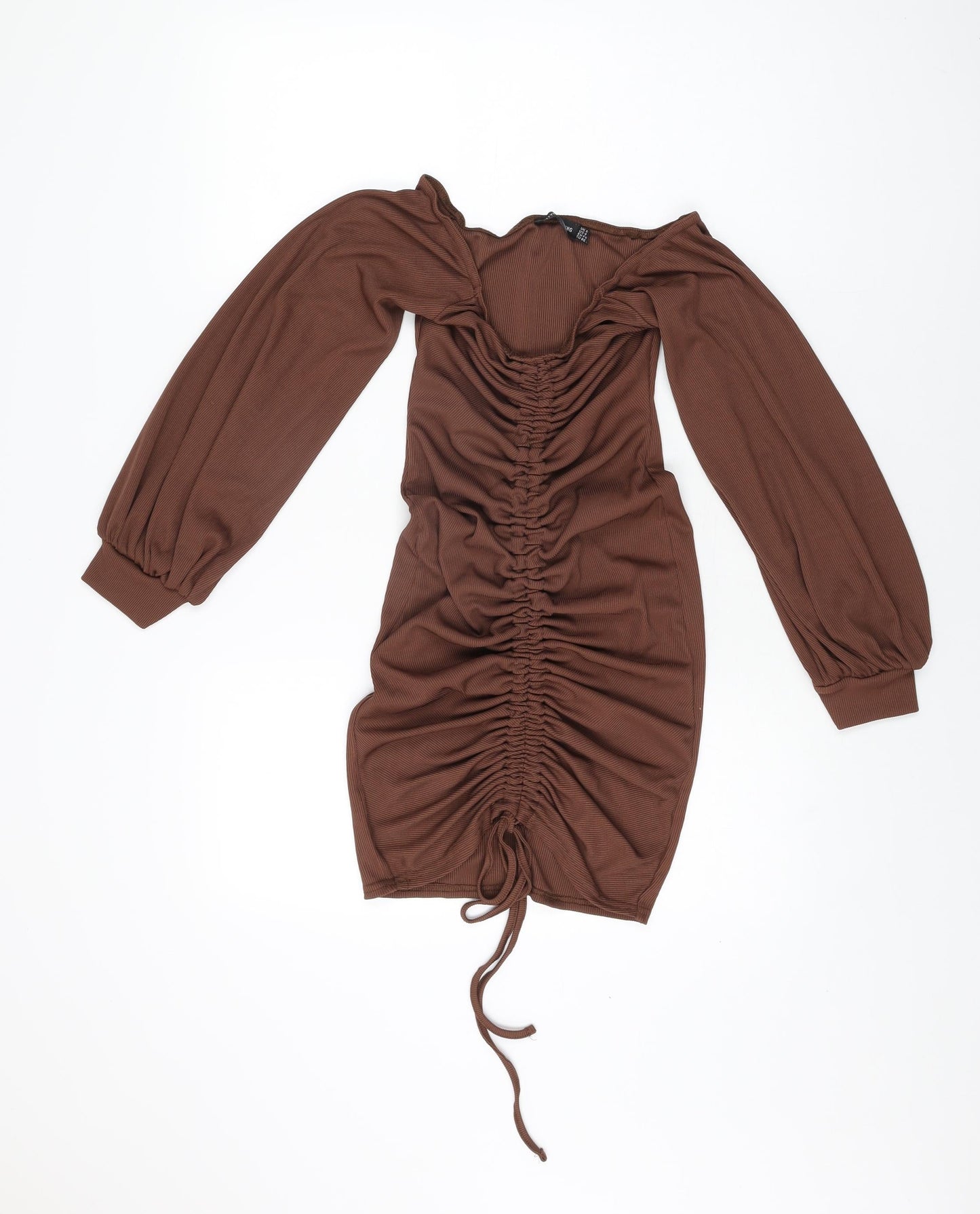 PRETTYLITTLETHING Womens Brown Polyester Mini Size 8 Off the Shoulder Drawstring