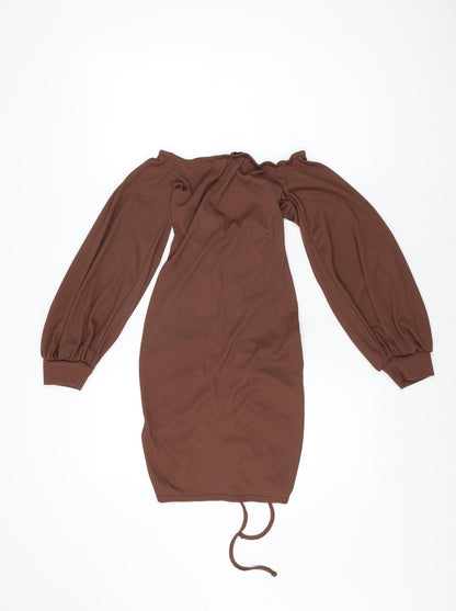 PRETTYLITTLETHING Womens Brown Polyester Mini Size 8 Off the Shoulder Drawstring