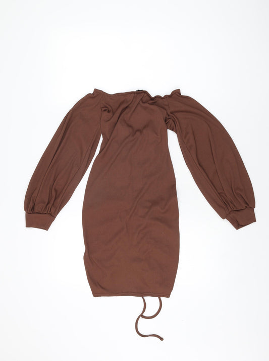 PRETTYLITTLETHING Womens Brown Polyester Mini Size 8 Off the Shoulder Drawstring