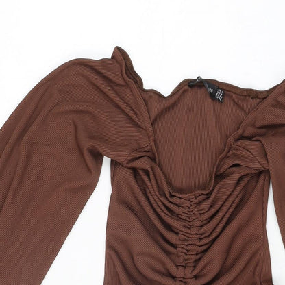 PRETTYLITTLETHING Womens Brown Polyester Mini Size 8 Off the Shoulder Drawstring