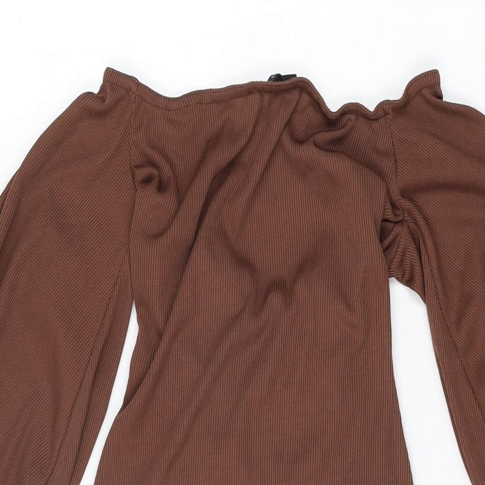 PRETTYLITTLETHING Womens Brown Polyester Mini Size 8 Off the Shoulder Drawstring