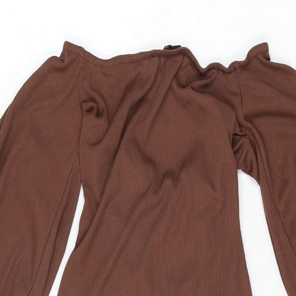 PRETTYLITTLETHING Womens Brown Polyester Mini Size 8 Off the Shoulder Drawstring