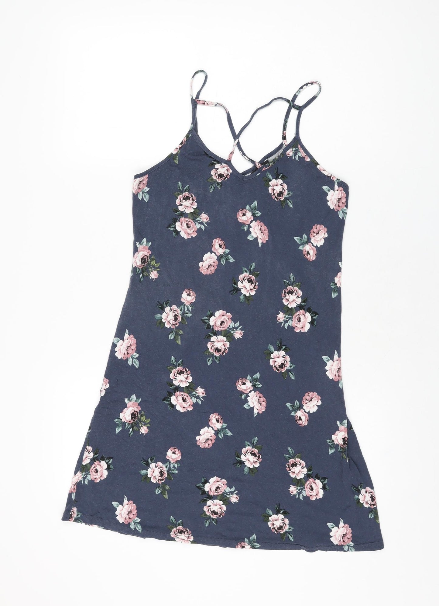 New Look Girls Blue Floral Viscose Shift Size 14-15 Years V-Neck Pullover