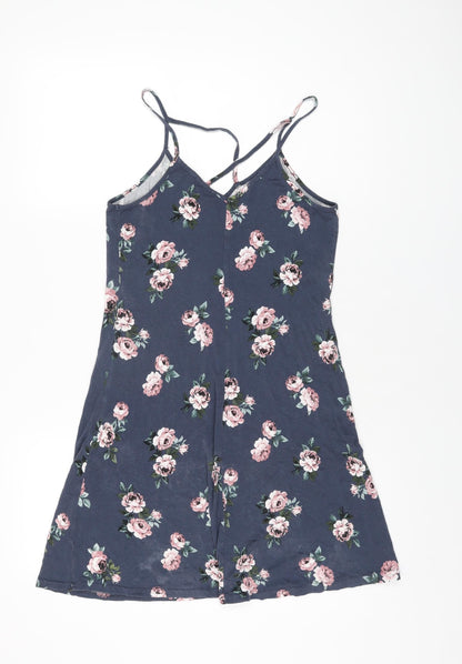 New Look Girls Blue Floral Viscose Shift Size 14-15 Years V-Neck Pullover
