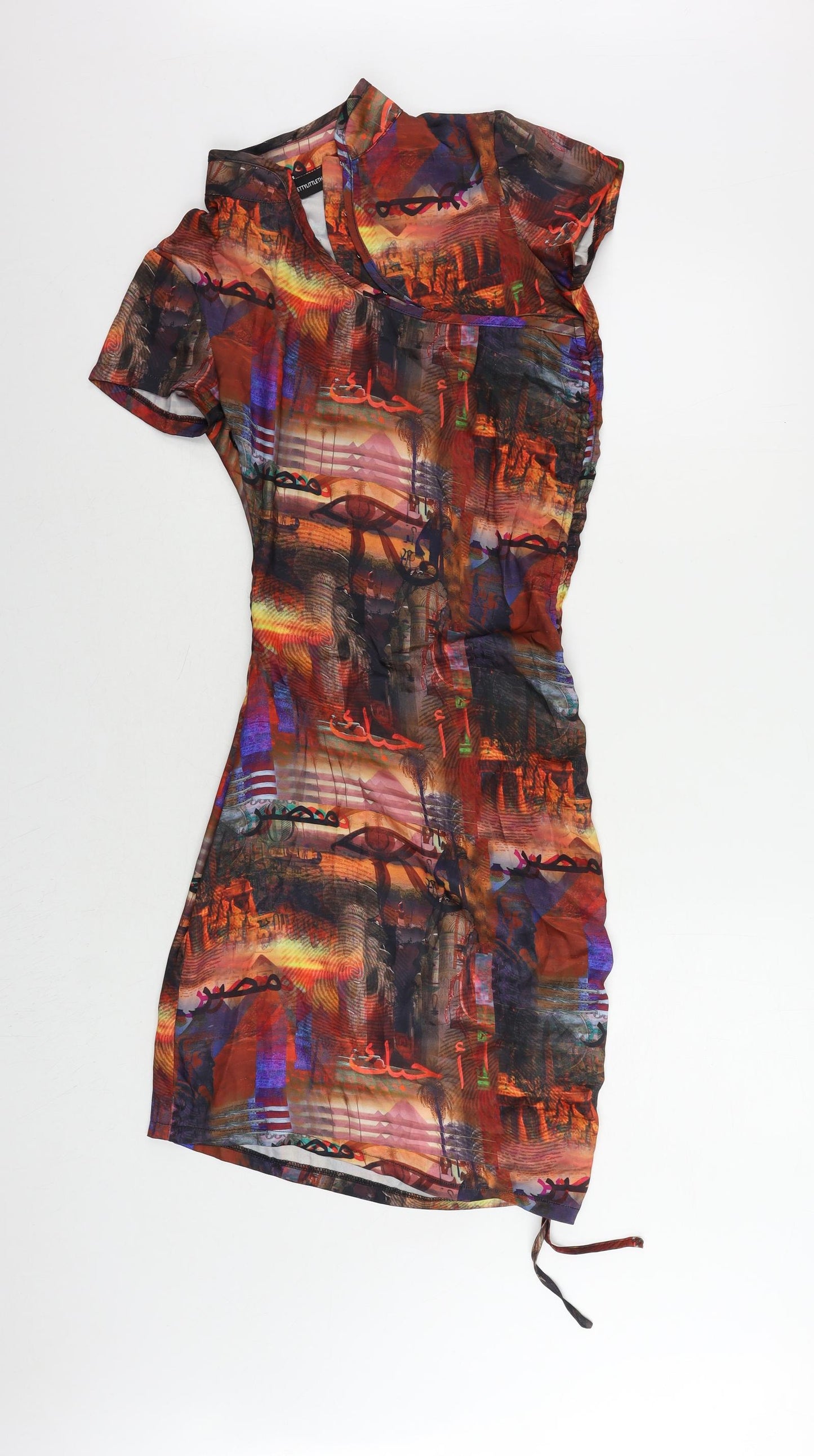 PRETTYLITTLETHING Womens Multicoloured Geometric Polyester Bodycon Size 4 Mock Neck Hook & Eye - Ruched