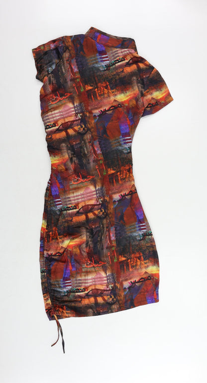 PRETTYLITTLETHING Womens Multicoloured Geometric Polyester Bodycon Size 4 Mock Neck Hook & Eye - Ruched