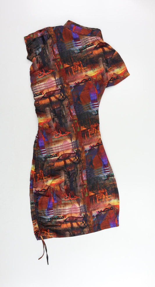 PRETTYLITTLETHING Womens Multicoloured Geometric Polyester Bodycon Size 4 Mock Neck Hook & Eye - Ruched