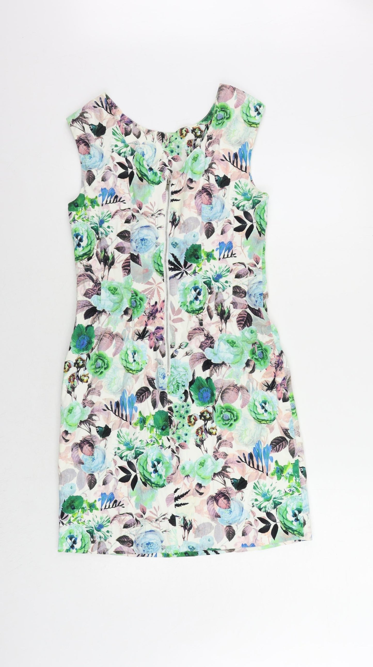 Louche Womens Multicoloured Floral Cotton Pencil Dress Size 10 Boat Neck Zip