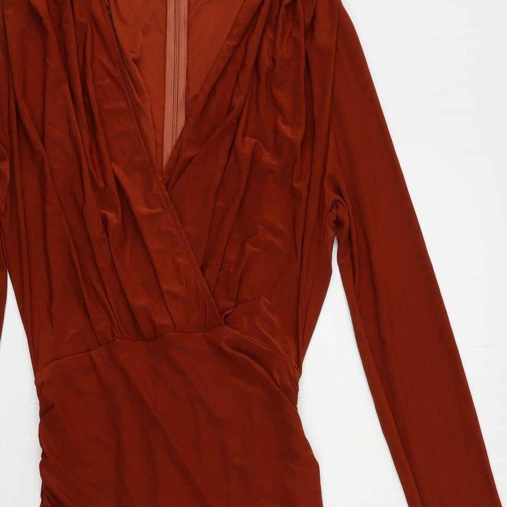 AX Paris Womens Brown Polyester Bodycon Size 12 V-Neck Zip - Ruched