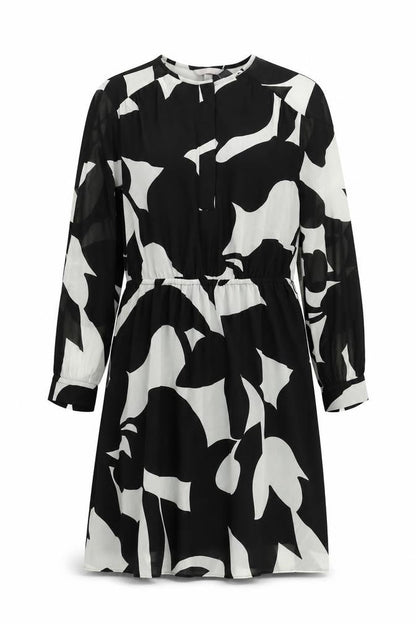 H&M Womens Black Geometric Polyester A-Line Size M Round Neck Button