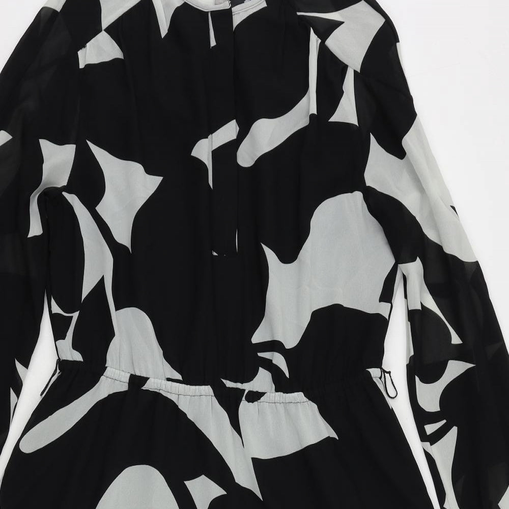 H&M Womens Black Geometric Polyester A-Line Size M Round Neck Button