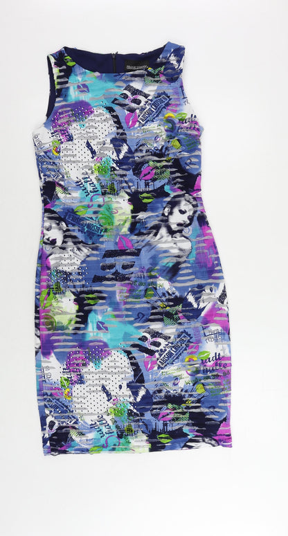 Frank Lyman Womens Multicoloured Geometric Polyester Pencil Dress Size 10 Boat Neck Zip