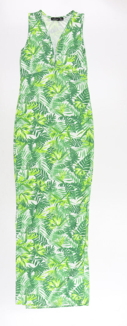 Boohoo Womens Green Geometric Polyester Maxi Size 6 V-Neck Pullover
