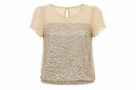 Front view of Red Herring women’s beige polyester basic blouse, size UK 8, round neck - sequin