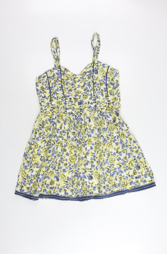 NEXT Womens Yellow Floral Cotton Fit & Flare Size 16 Sweetheart Zip