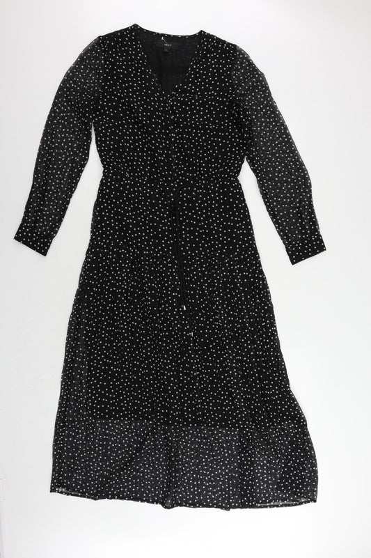 NEXT Womens Black Polka Dot Polyester Maxi Size 6 V-Neck Button