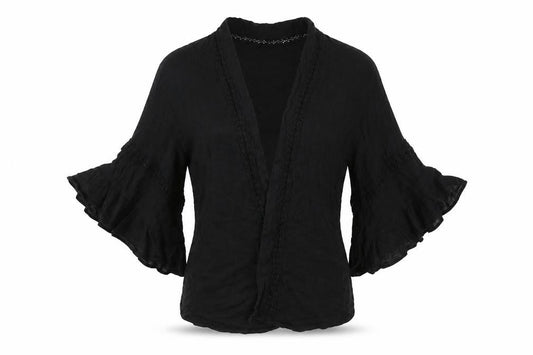 Front view of ASOS women’s black cotton kimono blouse, size UK 8, v-neck - open