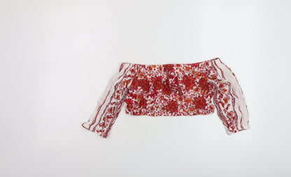 Khushi Womens Red Geometric Viscose Cropped Blouse Size S Square Neck
