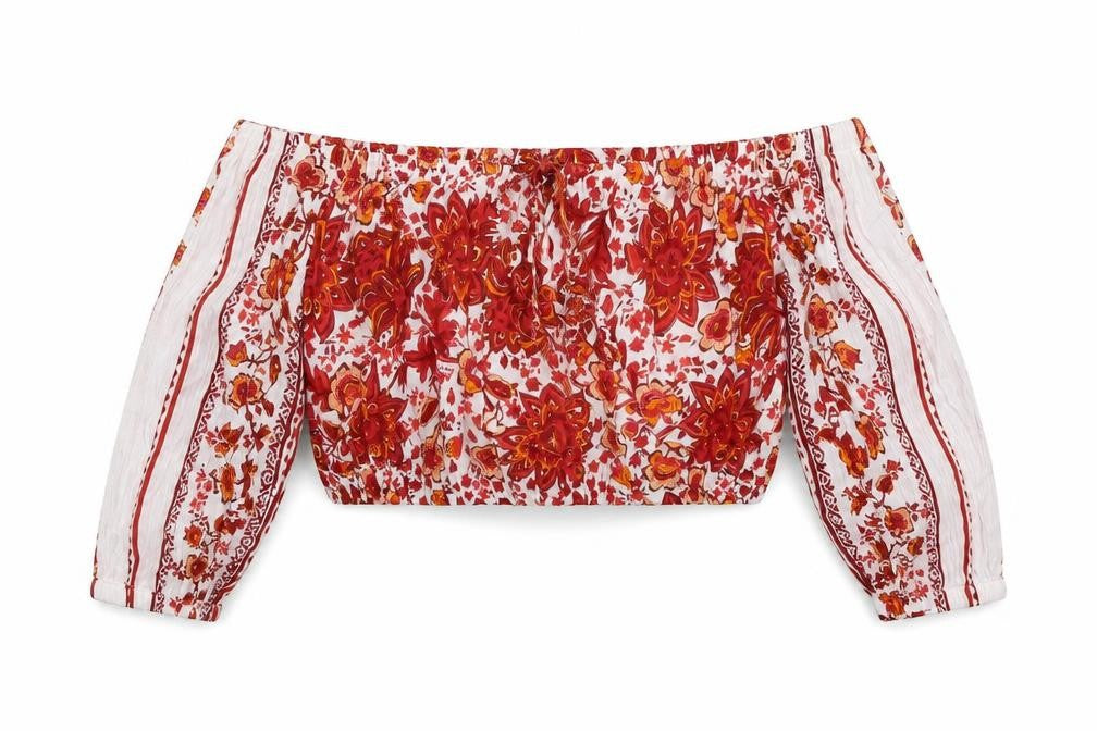 Khushi Womens Red Geometric Viscose Cropped Blouse Size S Square Neck