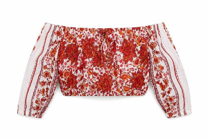 Khushi Womens Red Geometric Viscose Cropped Blouse Size S Square Neck
